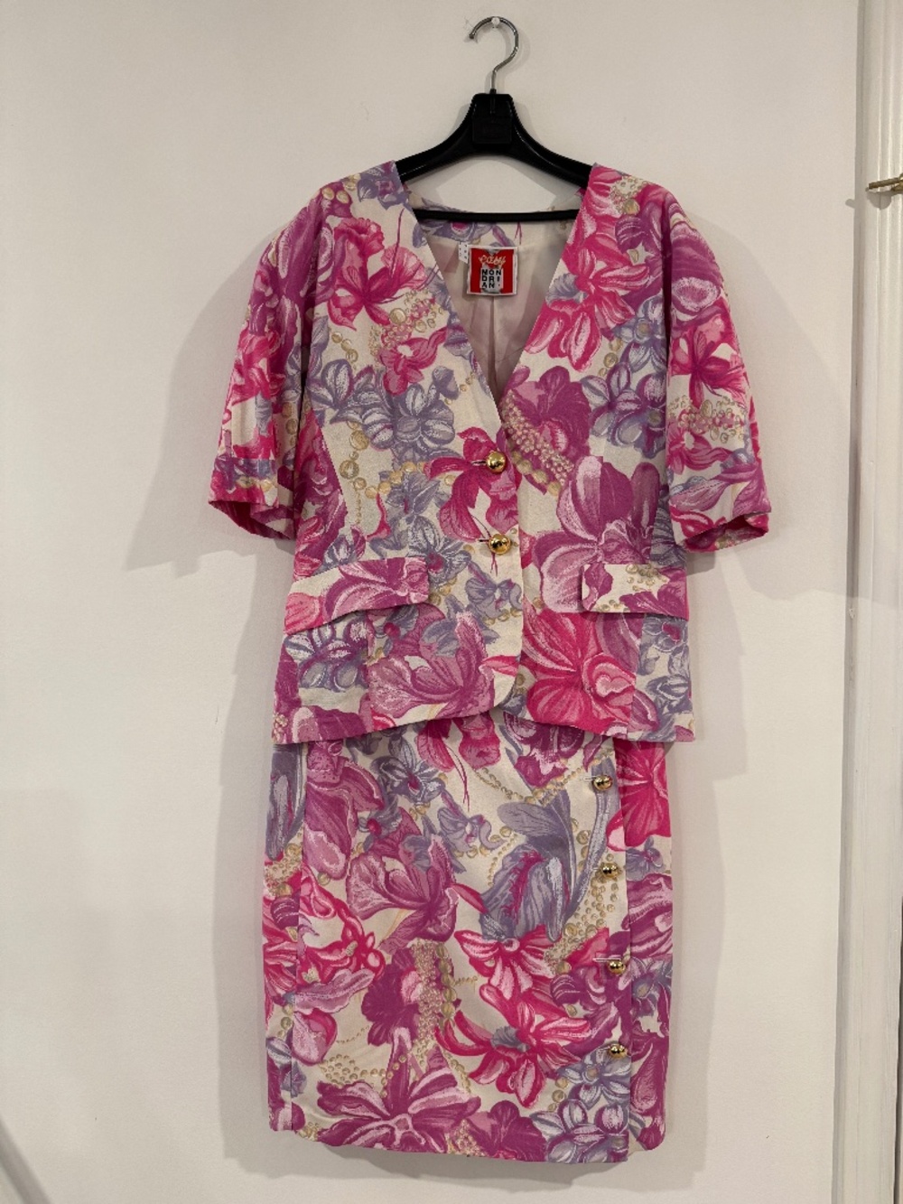 Vintage Mondrian floral matching blazer & skirt, silk & rayon, made Italy, EU 42
